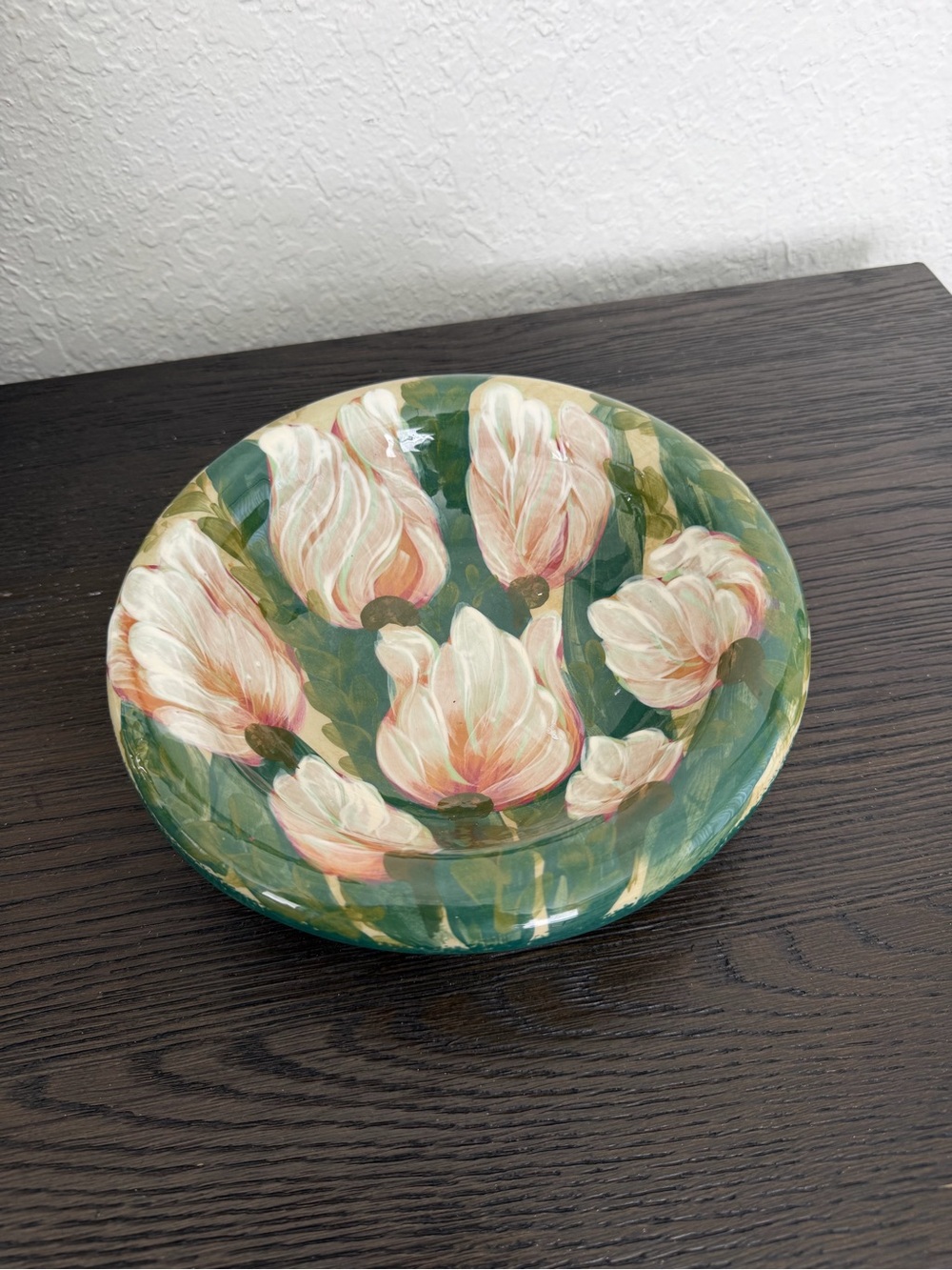 Hand-Painted Floral Ceramic Bowl - Green and Pink Tulips Signed Lèsal